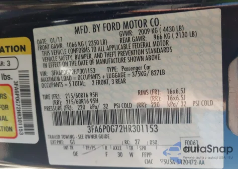 2017 Ford Fusion S z USA, uszkodzony, nr VIN 3FA6P0G72HR301153